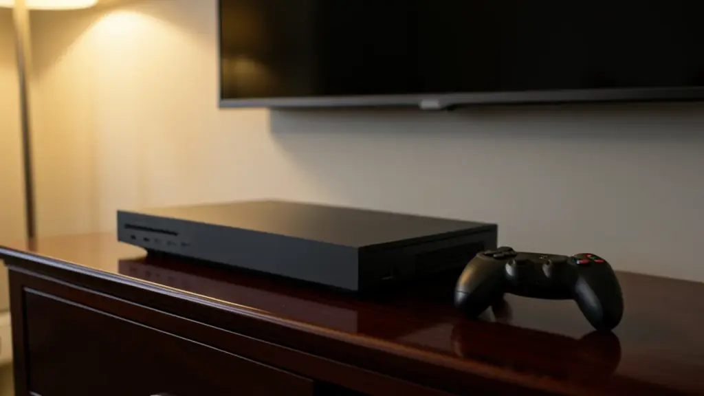 A game console and controller in front of a TV with a dark screen