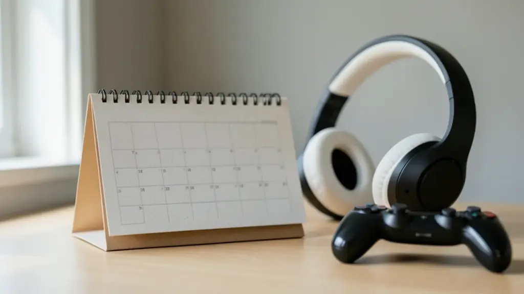 A blank desk calendar beside headphones and a game controller