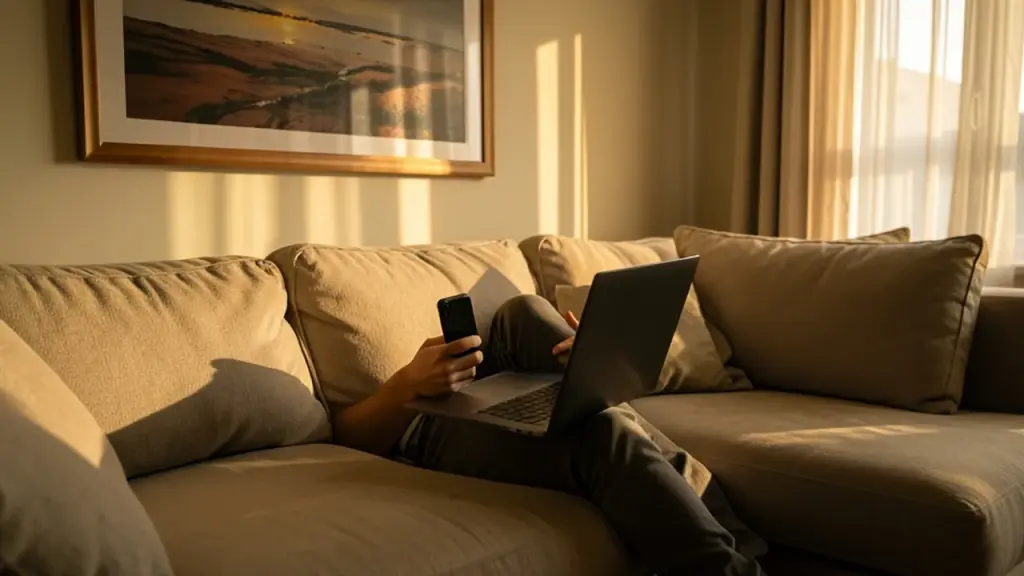 Person on a sofa using a phone with a laptop on their knees