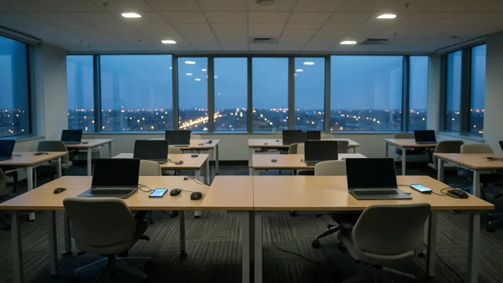 An empty office at dusk with a phone charging on a desk