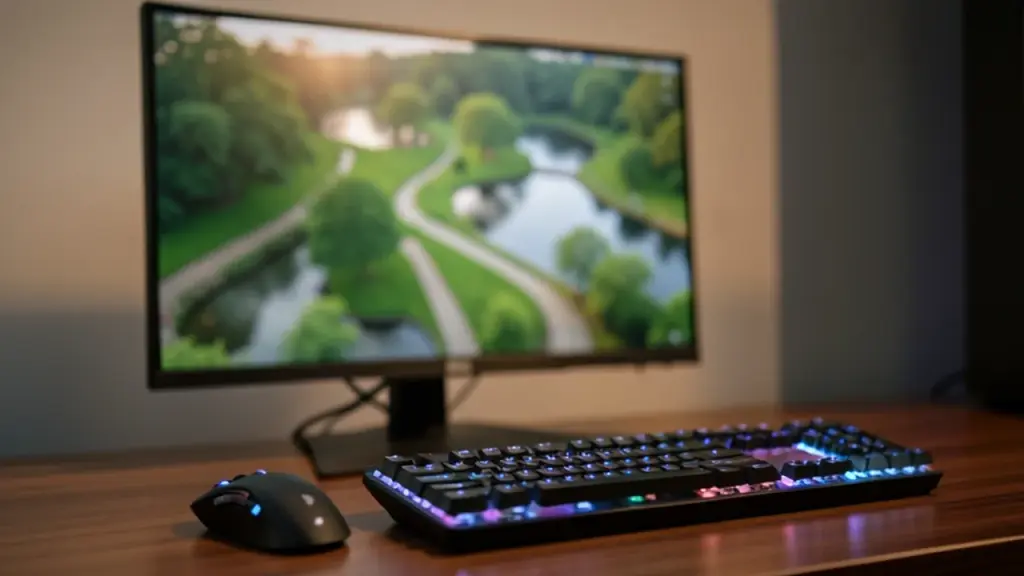 A PC monitor showing a blurred aerial view of a green park