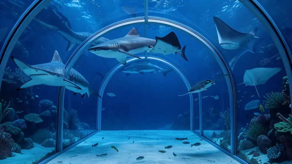 Sharks and rays swimming above an aquarium tunnel