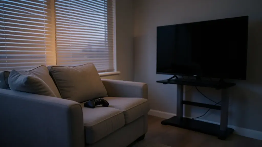 An empty couch with a game controller on a cushion in front of a dark TV