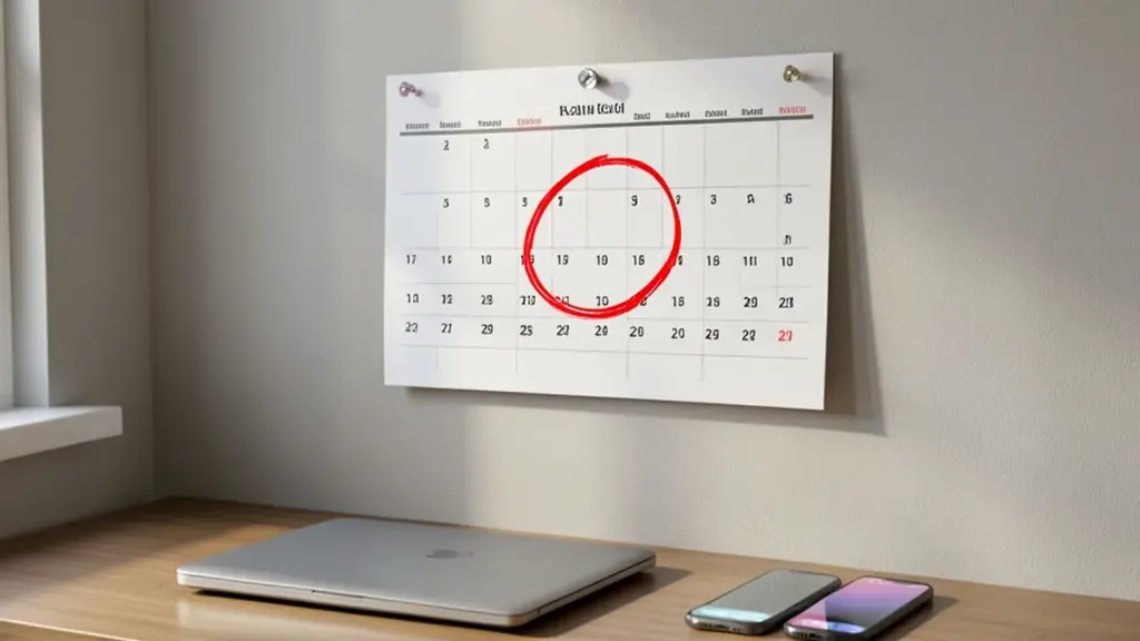 A wall calendar with one date circled in red above a desk