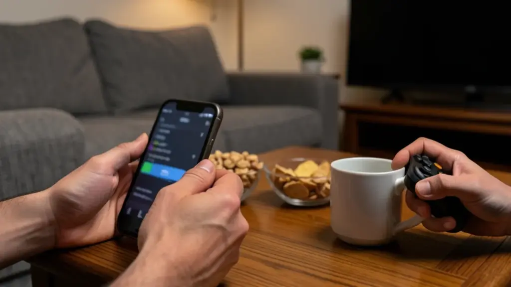 People joining a Jackbox party with phones as controllers in a living room.