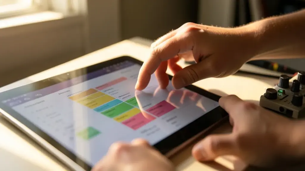 Hands with calendar planning and granular synth controls, soft natural light.