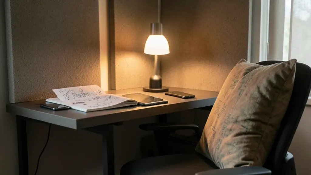 Cozy home studio with sound cue sketches and travel pillow.