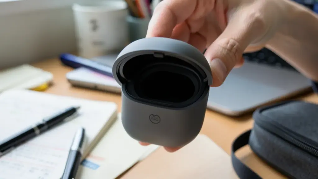 Small charging case in a travel desk setup