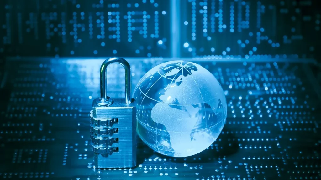 IT staff monitoring security screens in a data center.
