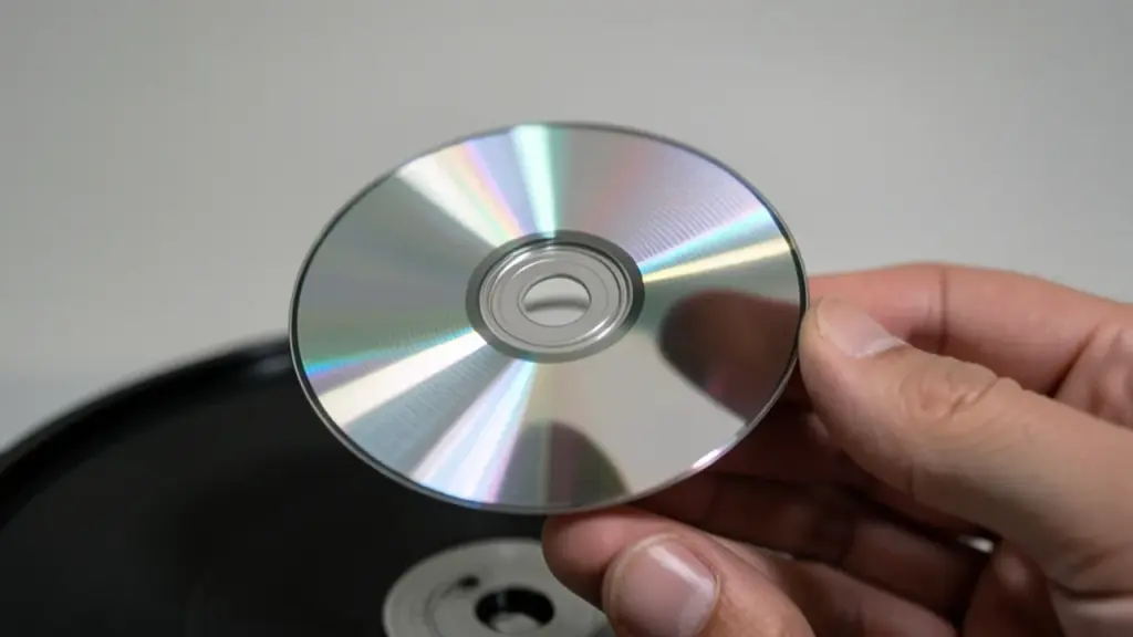 A hand holding an optical game disc above a disc tray