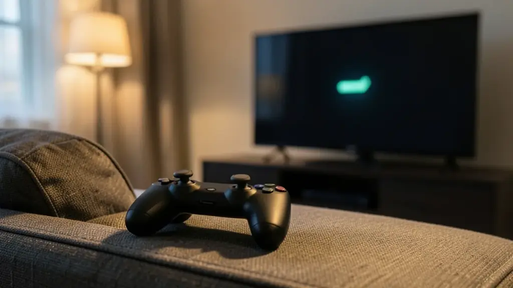 A game controller on a sofa in front of a television at night