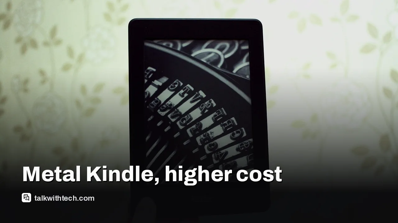 A close-up of a metal-backed e-reader held in a hand