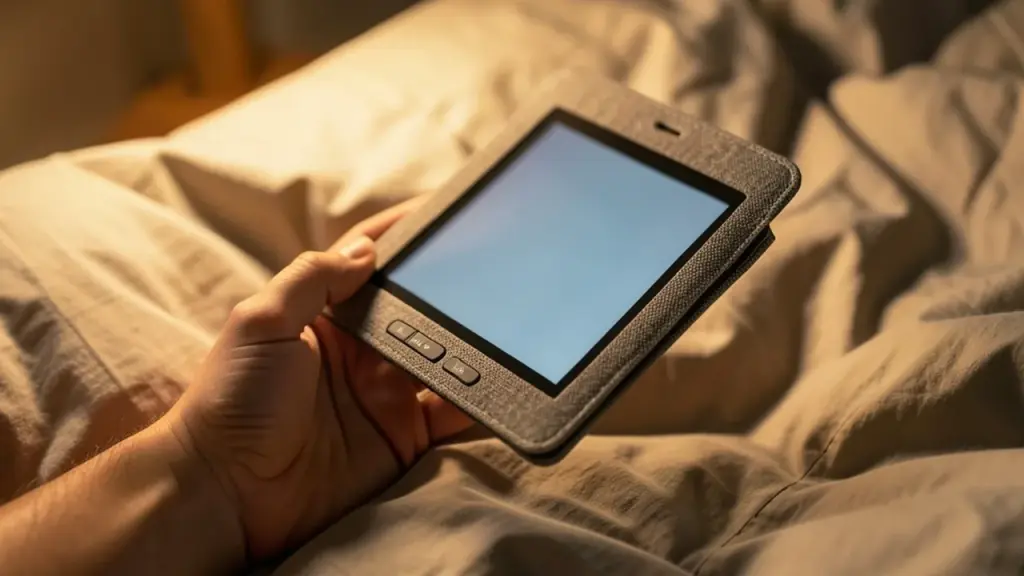 A hand holding an e-reader in a cover with page-turn buttons in bed