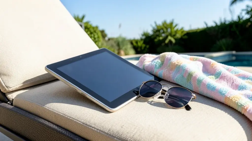 An e-reader on a poolside lounge chair next to sunglasses