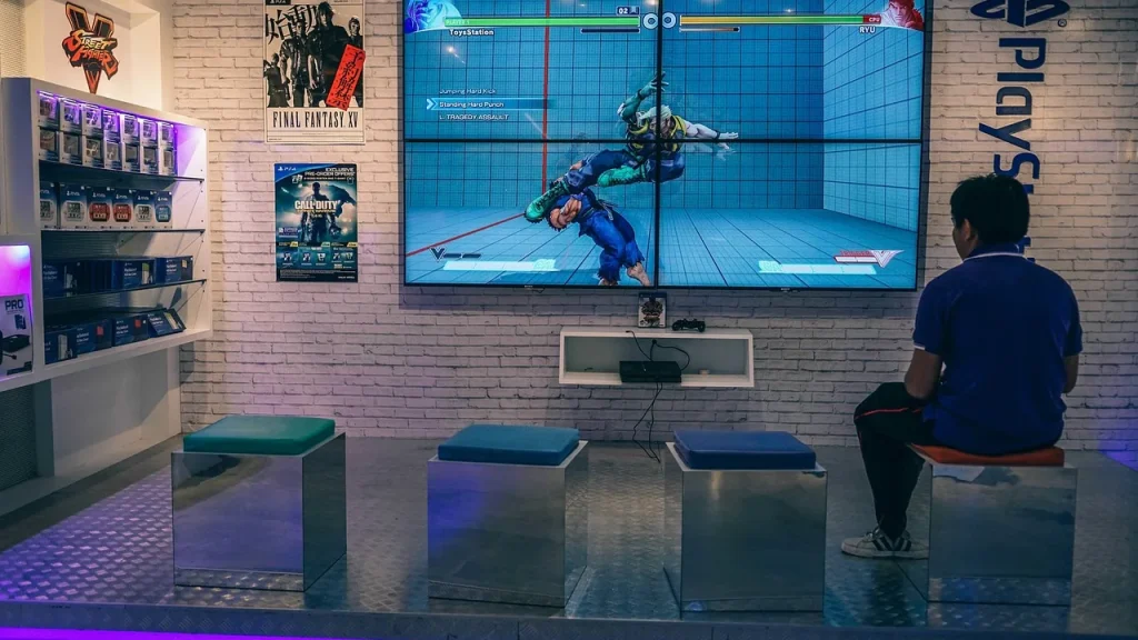 TV showing a video game trailer in a living room