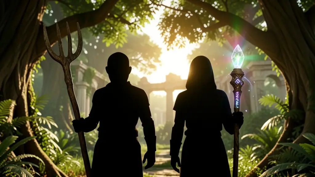 Two new heroes in a lush uncharted land silhouette