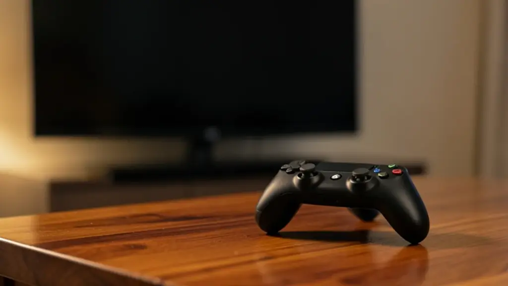 Game controller on a coffee table in front of a TV