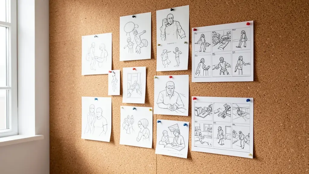 Concept sketches and storyboards pinned to a studio wall