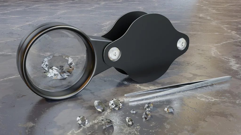 A jeweler examining a diamond certificate and stone under loupe