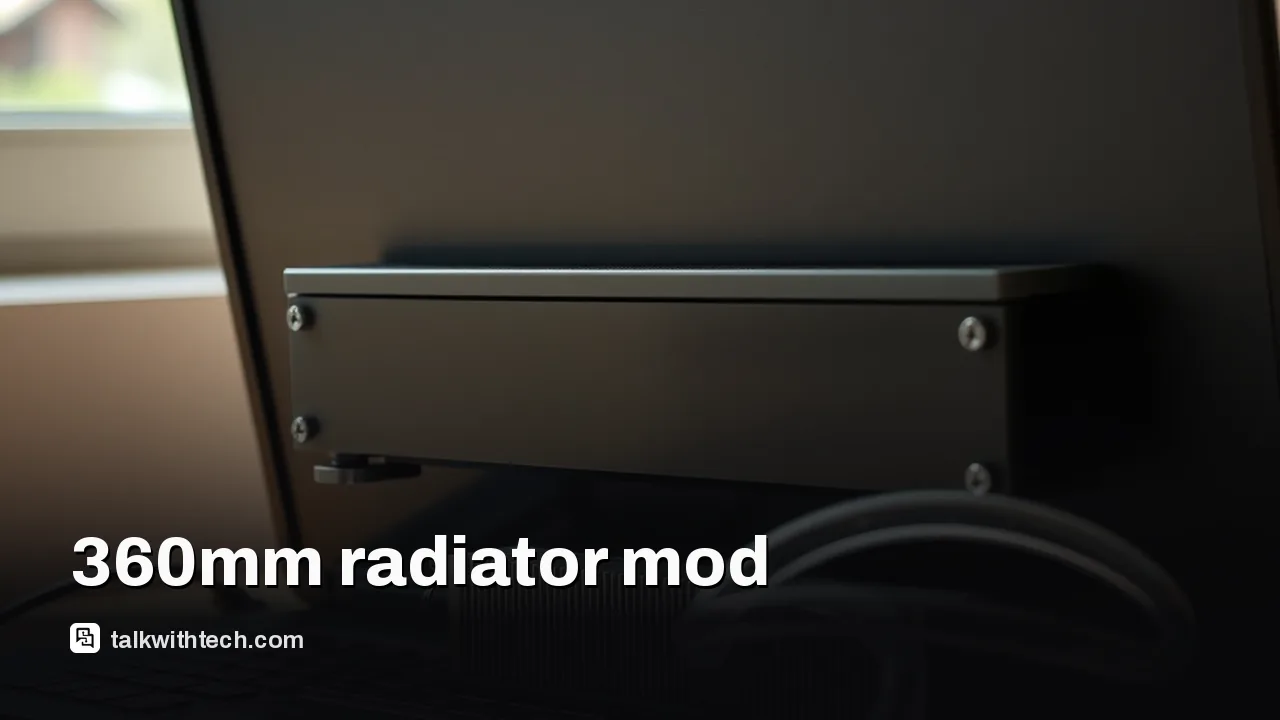 Laptop with a 360mm radiator mounted behind the screen, visible mounts and tubing.