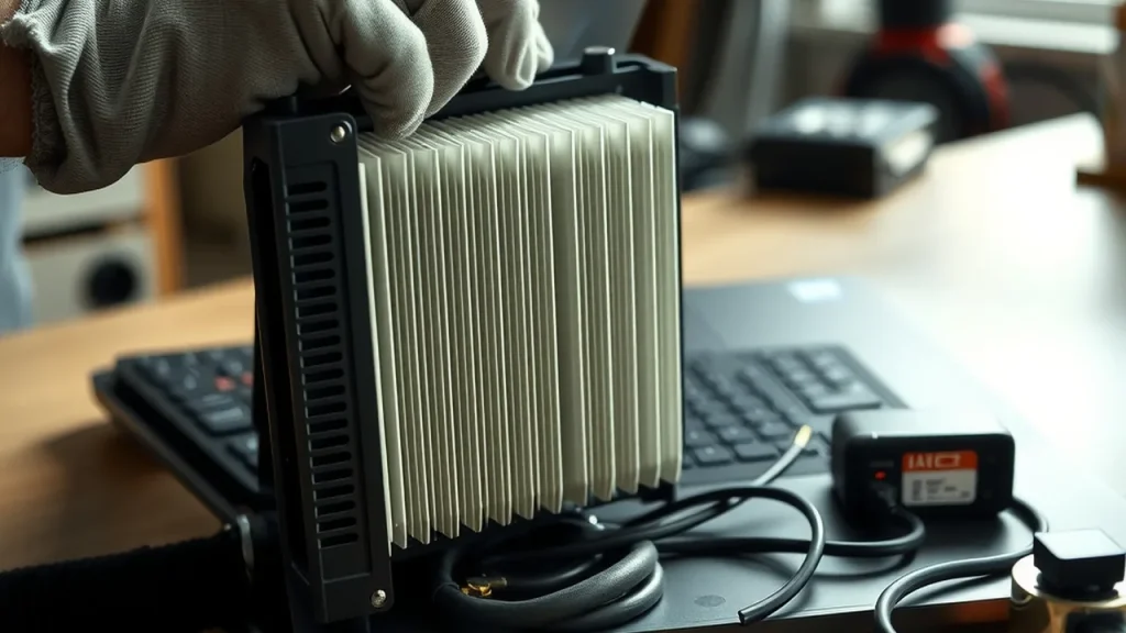 Gloved hands securing a 360mm radiator to a laptop hinge with pump and power module nearby.