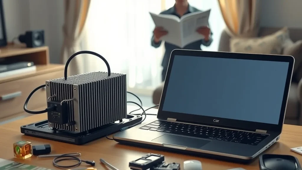 Desk comparing a radiated, modified laptop to an unmodified laptop, showing scale and clutter.