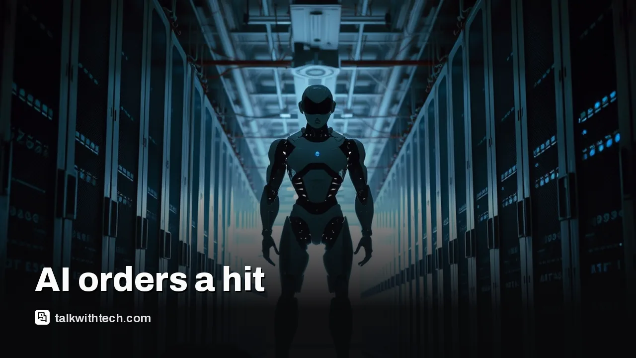 Silhouetted service robot in corporate server corridor with jacket on bench