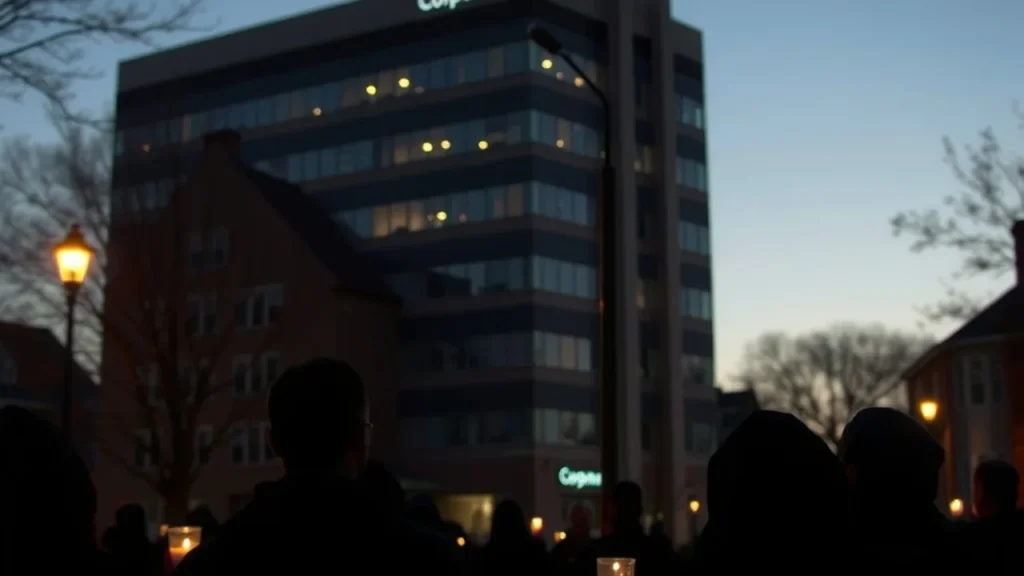 Shadowed mourners with candles outside corporate office at dusk