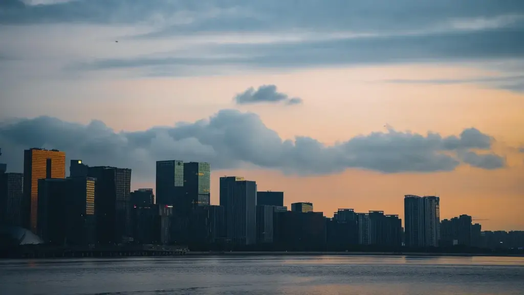 City skyline at dawn with sun and clock imagery