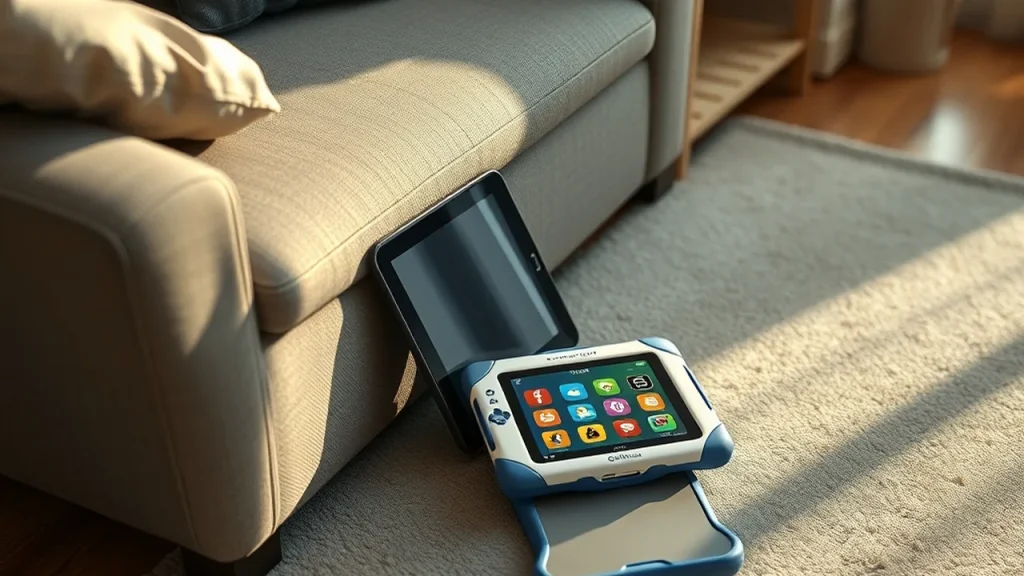 LeapPad toy on rug with generic tablet leaning on sofa in background