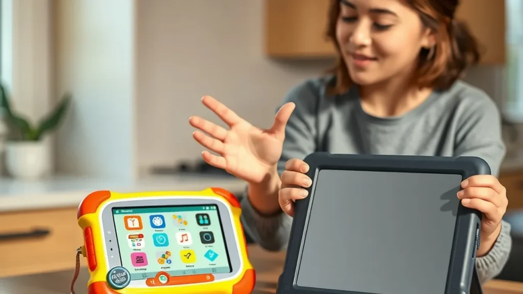 Parent's hands comparing a LeapPad-style toy and a generic tablet on a kitchen counter