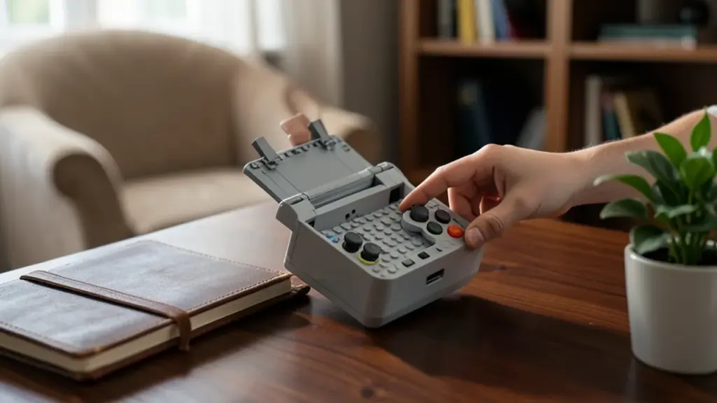Collector interacts with LEGO PlayStation on desk