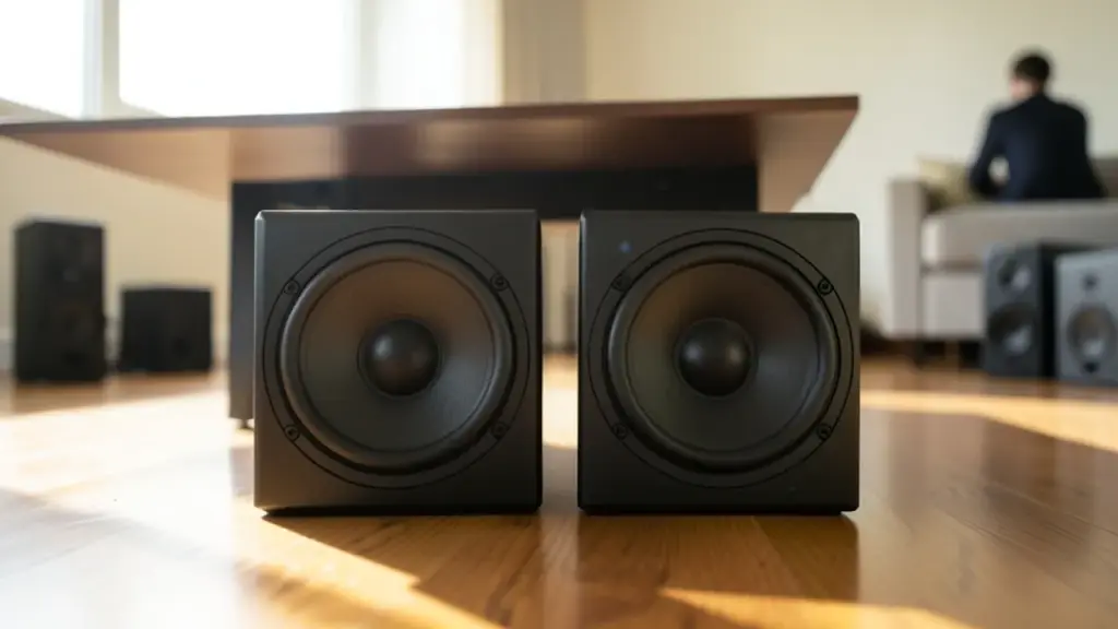 Dual subwoofers on floor with H7 hub and satellites blurred in background