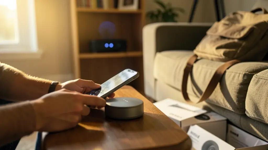 Hands holding smartphone near H7 hub with speaker boxes and router, suggesting update