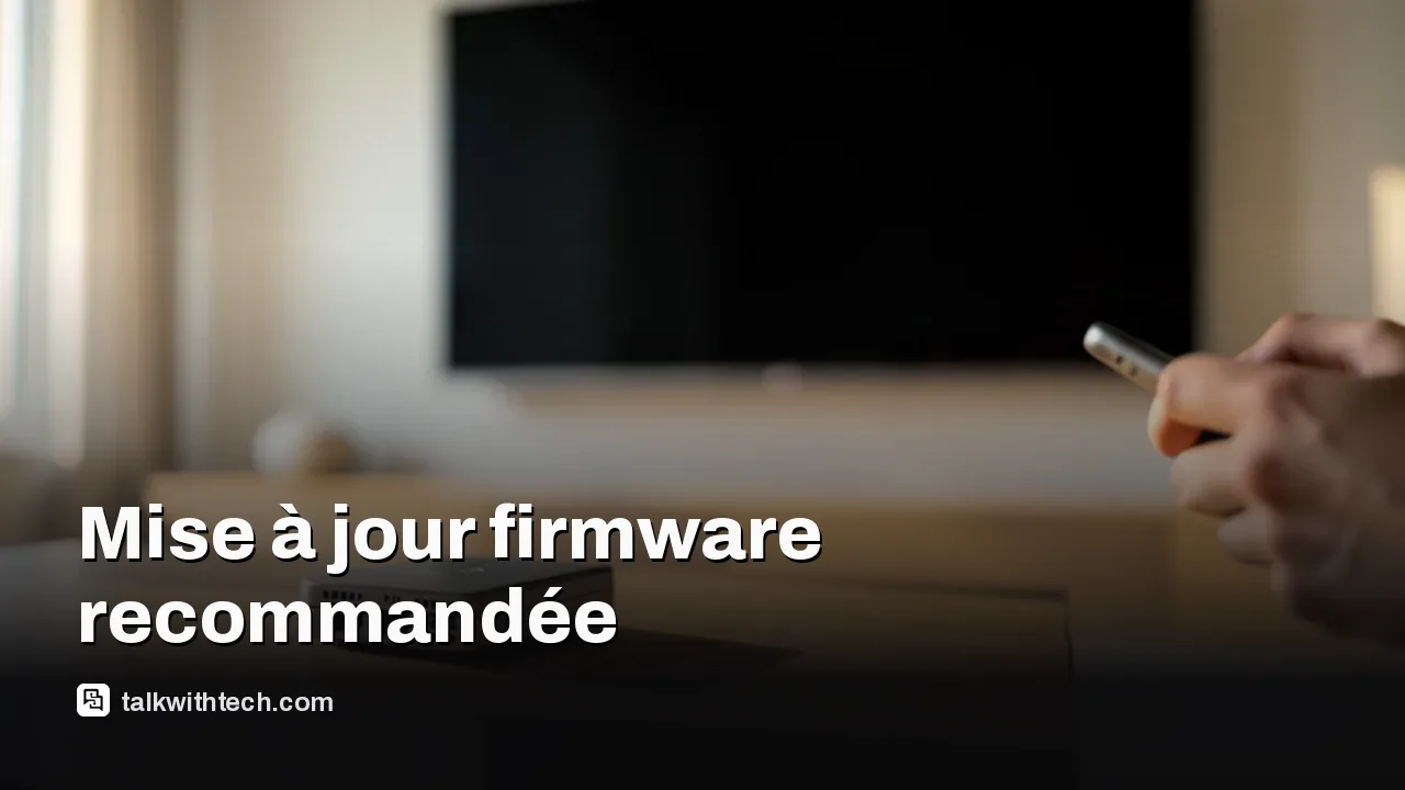 Salon avec télé sombre et routeur sur la table, personne tenant un smartphone flou
