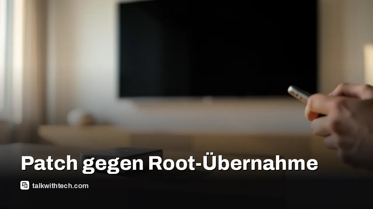 Wohnzimmer mit dunklem TV und Router auf Tisch, Person hält Smartphone unscharf