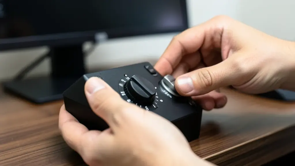 Hands adjusting a hardware control near gaming rig.