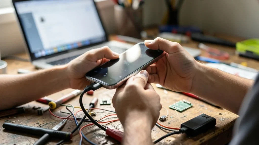 Hands holding smartphone over workbench with USB cable and laptop blurred.