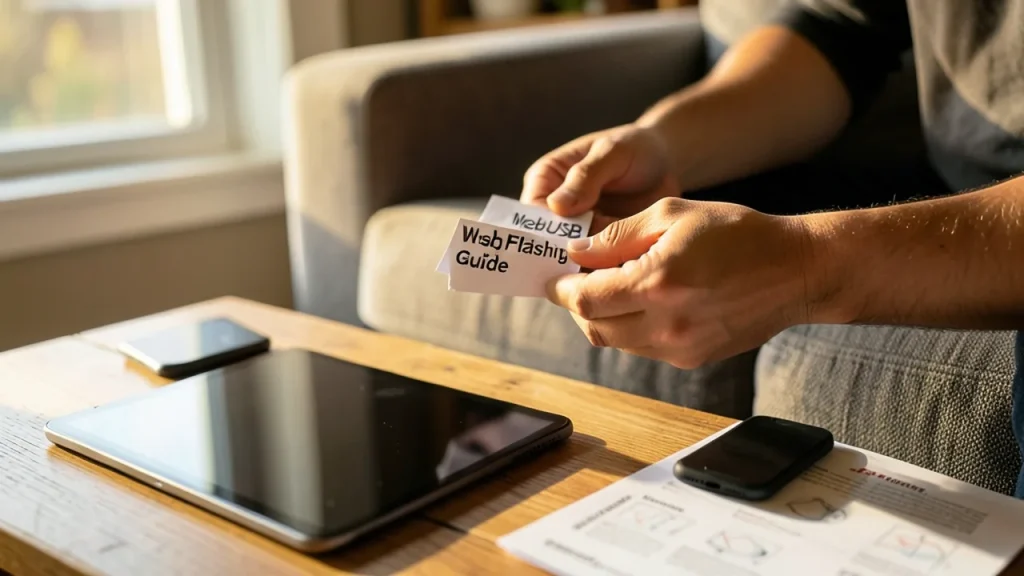 Hands on couch with phone, tablet and printed quick-start card for flashing.