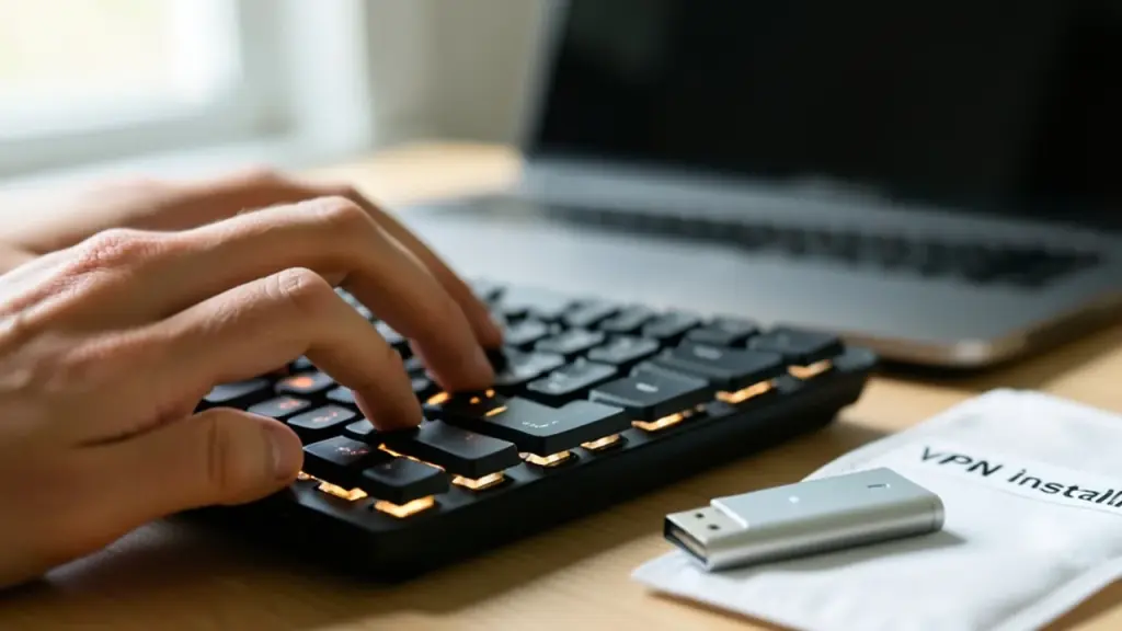 Hands typing near a VPN installer and USB drive, subtle cryptic setup.