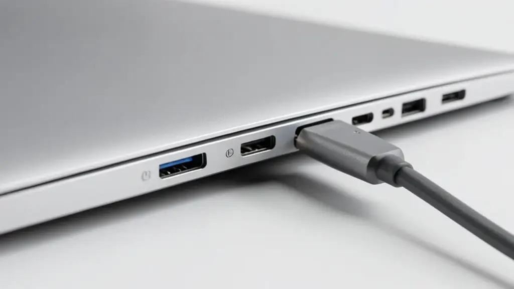 Close-up of a silver laptop's side ports with a charging cable attached
