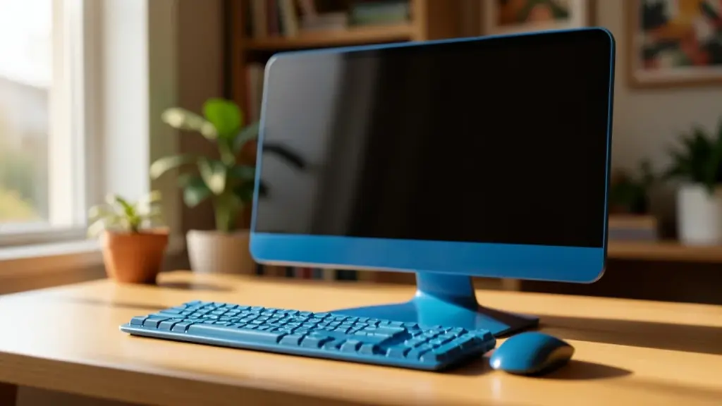 A slim blue all-in-one desktop computer on a home office desk