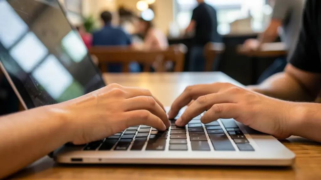 Hands typing on a silver laptop keyboard in a cafe