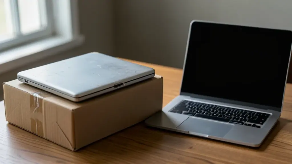 An older closed laptop on a shipping box beside a newer open laptop