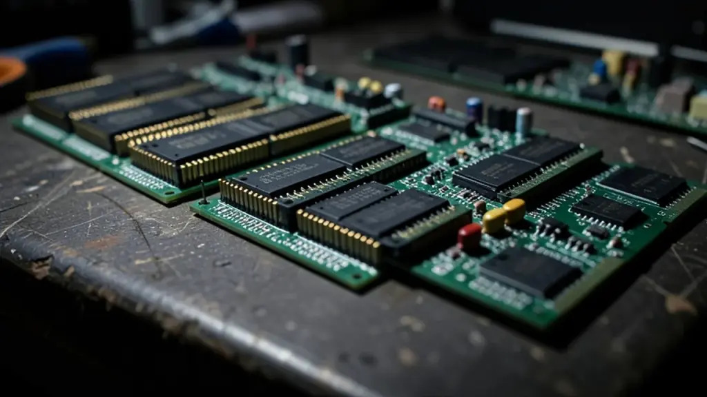 Computer memory modules and circuit boards on a dark workbench
