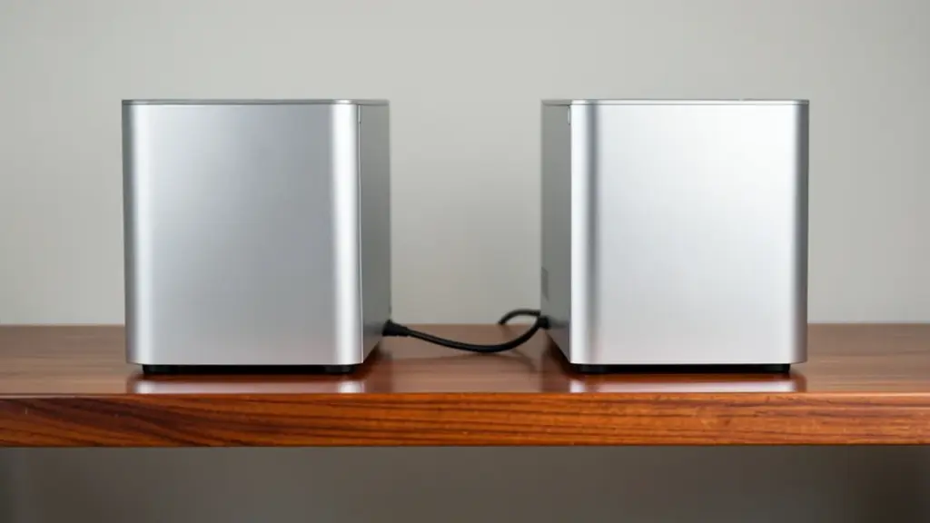 Two compact silver desktop computers side by side connected by a cable