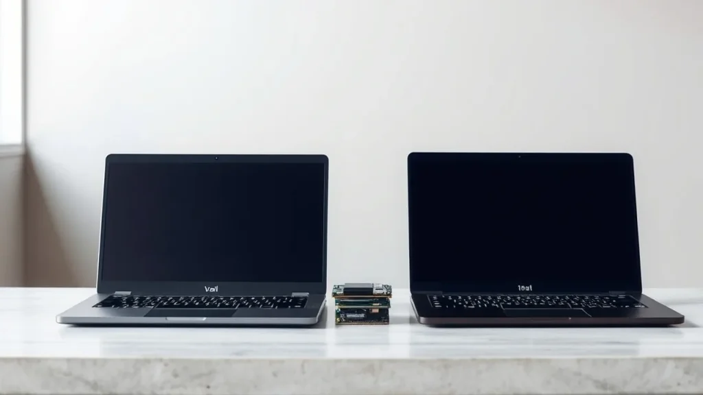 14-inch and 16-inch laptops side by side with circuit boards between them