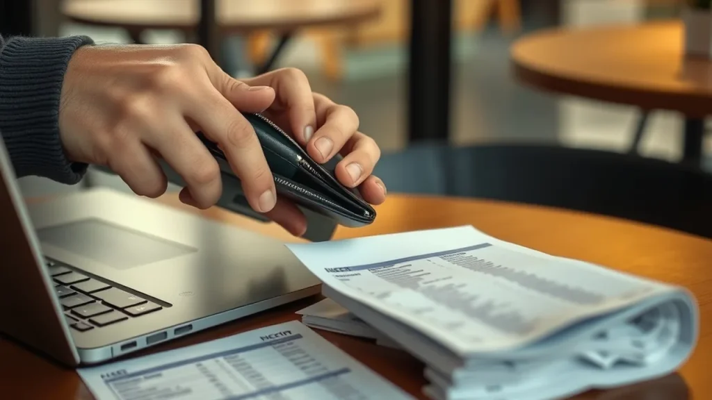 Hands reaching into wallet beside closed laptop and folded receipt-like chart
