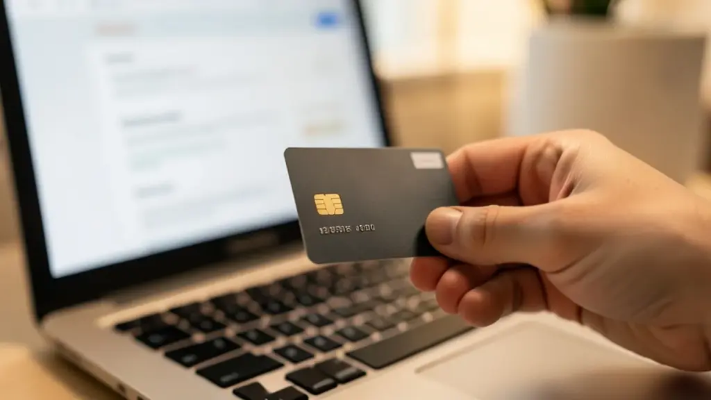 A hand holding a payment card next to a laptop checkout page