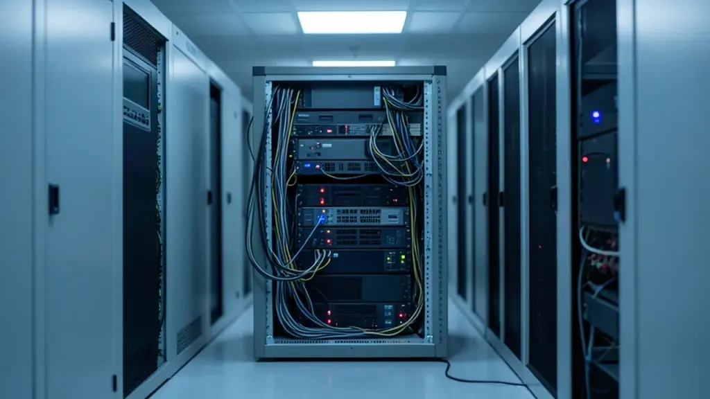 An open server rack with glowing status lights